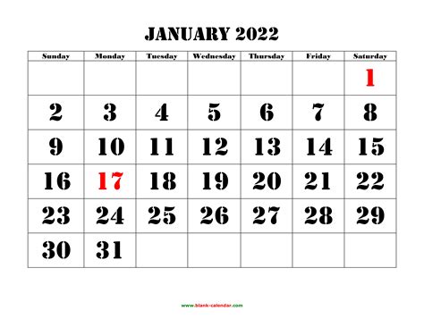 Large Grid Calendar 2022